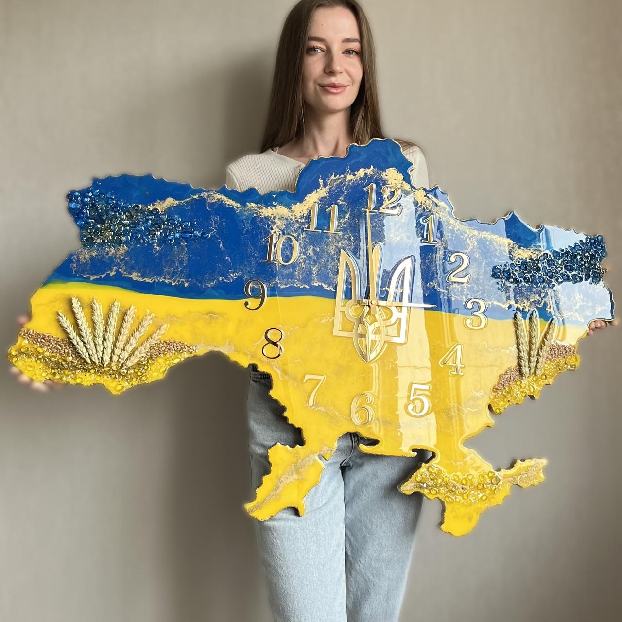 Часы настенные из эпоксидной смолы Карта Украины 40x25 см