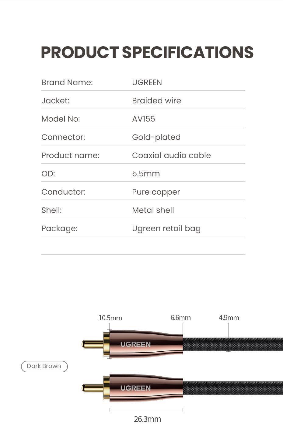 Кабель UGREEN RCA-RCA Коаксіальний Аудіо стерео S/PDIF Hi-Fi 5.1 Dolby нейлонове обплетення 1 м Чорний (70684) - фото 8 Кабель UGREEN RCA-RCA Коаксіальний Аудіо стерео S/PDIF Hi-Fi 5.1 Dolby нейлонове обплетення 1 м Чорний (70684) - фото 8