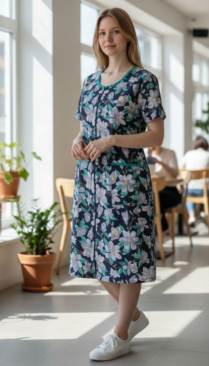 Халат женский хлопковый 6627k на молнии р. 52 Синий