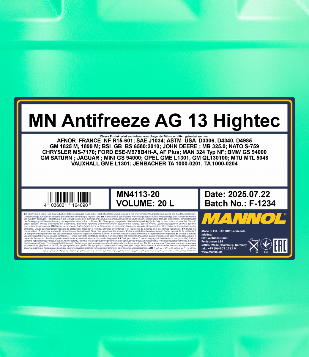 Концентрат антифризу Mannol 4113 Hightec Antifreeze AG13 20 л Зелений (MN4113-20) - фото 2 Концентрат антифризу Mannol 4113 Hightec Antifreeze AG13 20 л Зелений (MN4113-20) - фото 2
