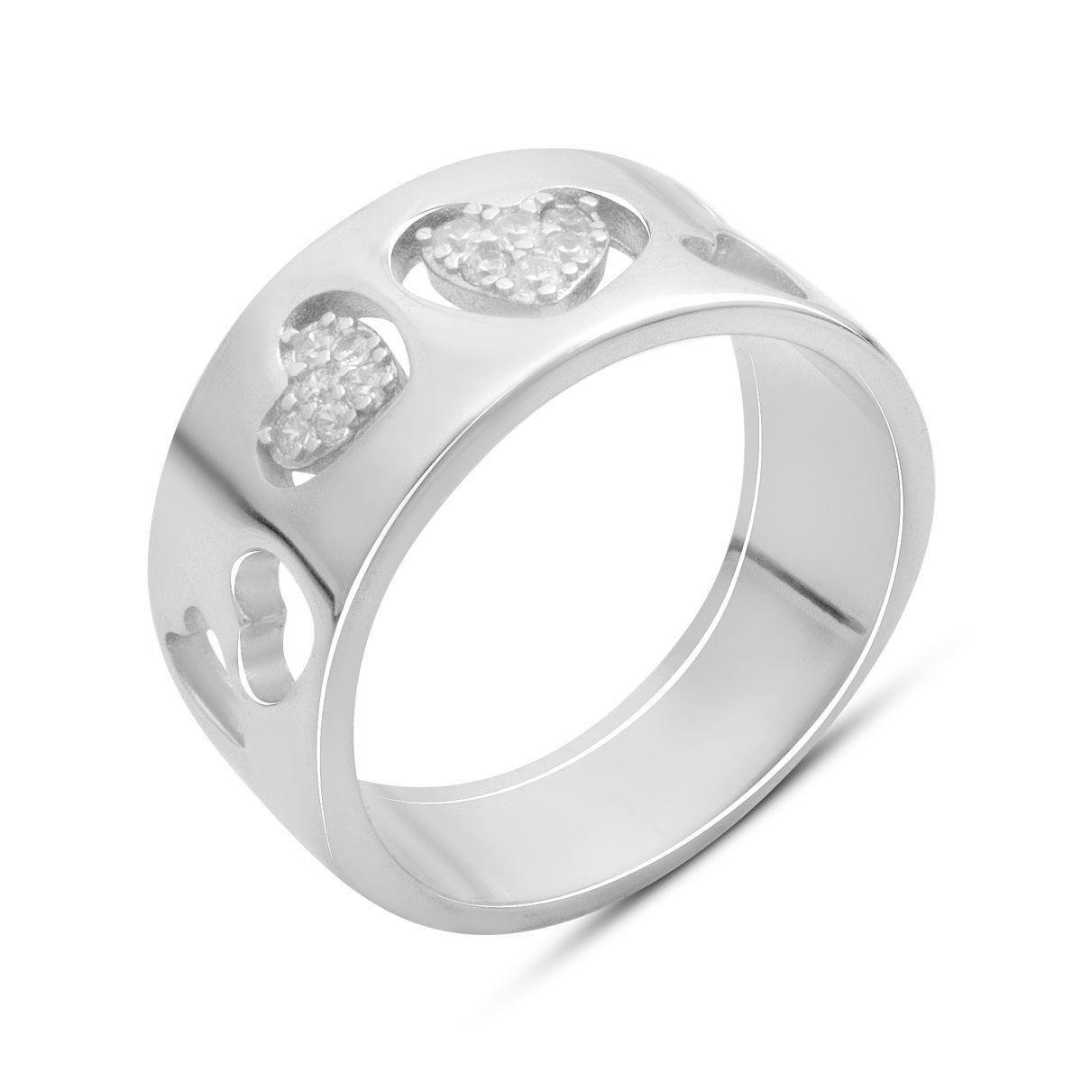 Каблучка срібна з фіанітами у формі сердець р. 17,5