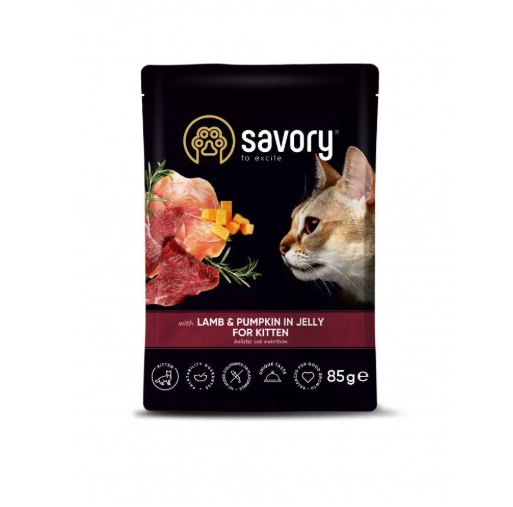 Корм вологий для кошенят Savory з ягням та гарбузом у желе 85 г 22 шт.