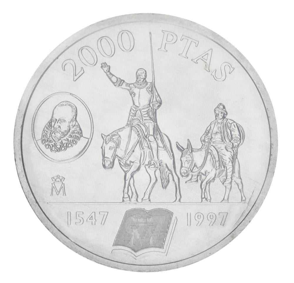 Коллекционная монета Испания 2000 песет 1997 серебро UNC Мигель Сервантес-Дон Кихот 18 г (М19768)