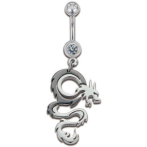 Серьга для пирсинга Банан в пупок с белыми камнями в обоих шарах и подвеской в ​​виде дракона с черной гривой (JBSH83)