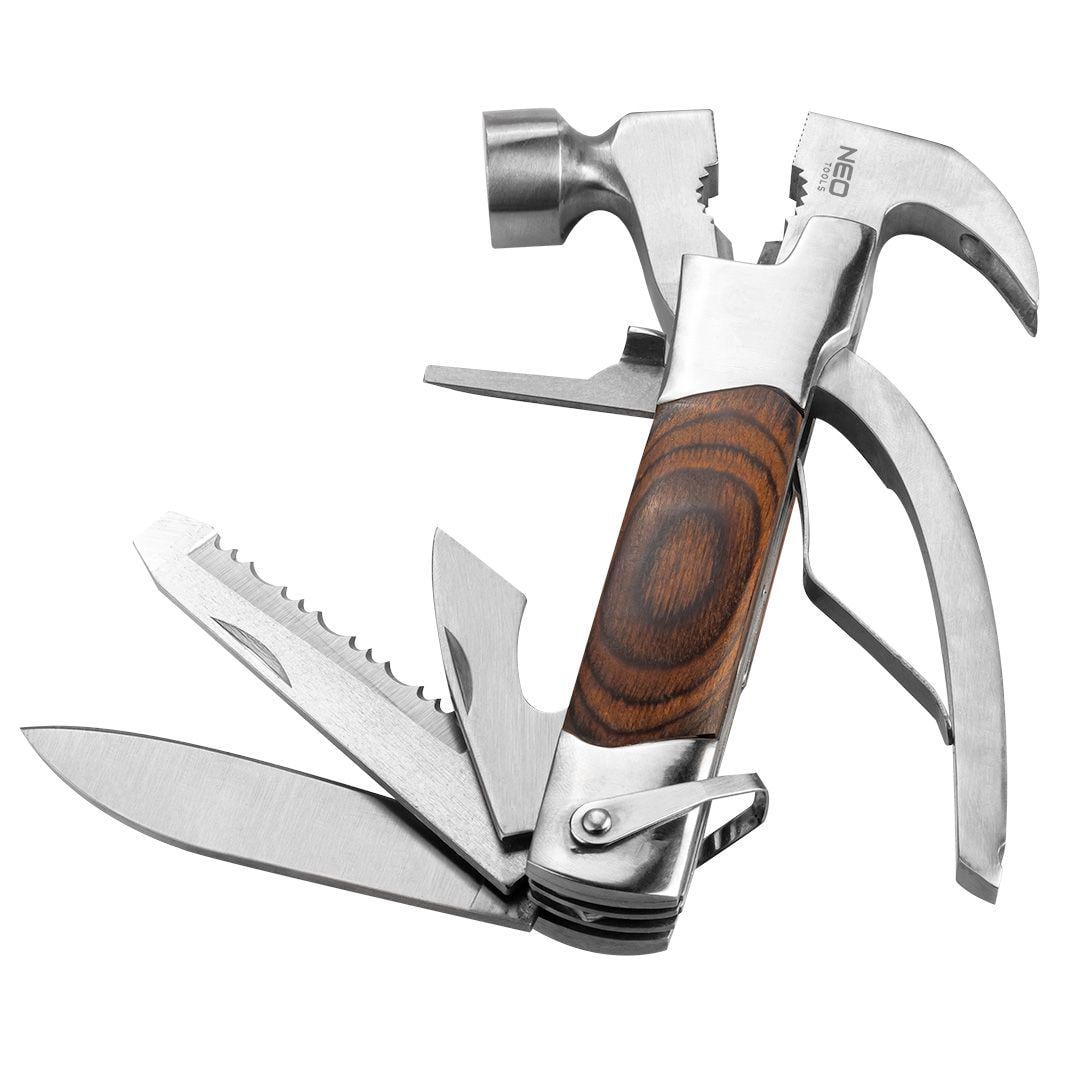 Мультитул Neo Tools, 13в1, молоток, плоскогубцы, гайкогубцы, кусачки, гвоздодер, отвертки 2хSL и PH, пила, напильник, два ножа, консервный нож, чехол