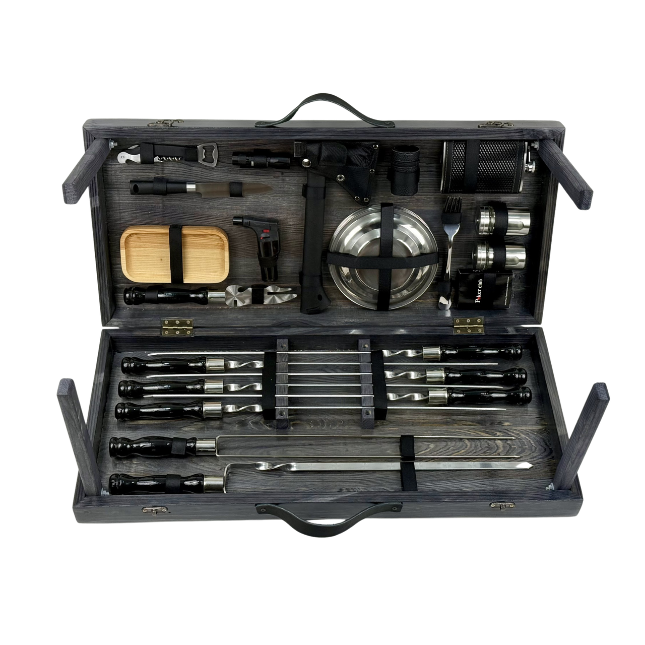 Набор шампуров в кейсе-столике с аксессуарами Богатырь с деревянными ручками