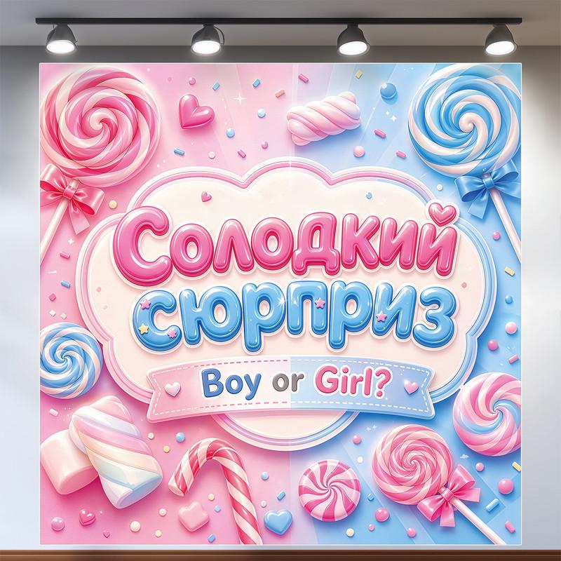 Баннер для Гендер пати Сладкий сюрприз Boy or Girl с леденцами 200x200см, №48526 Баннер для Гендер пати Сладкий сюрприз Boy or Girl с леденцами 200x200см, №48526