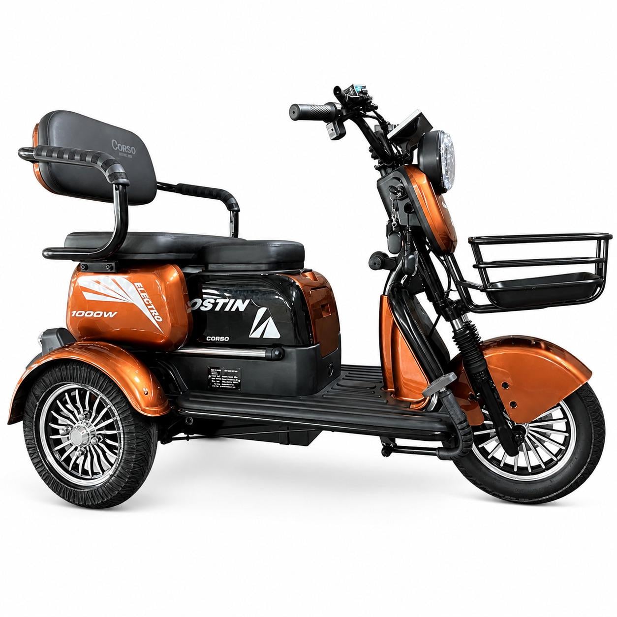 Трицикл электрический Corso Ostin 1000W 72V 23Ah и 1 ящик/аккумулятор/гидравлический тормоз Коричневый