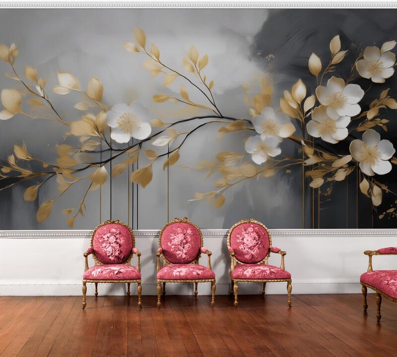 Фотообои бесшовные ветви белых цветов на сером фоне (S2128)