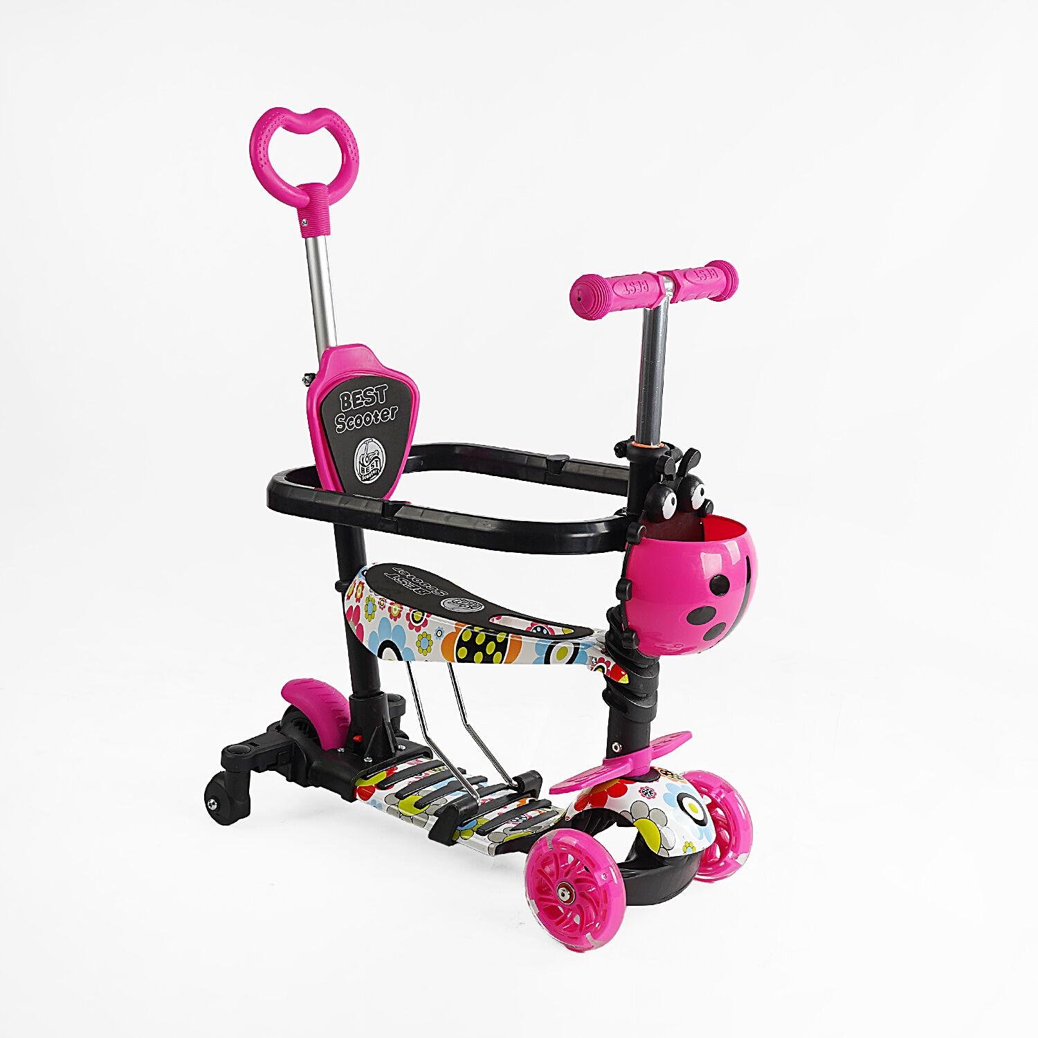 Самокат трехколесный Best Scooter 5в1 с дополнительными колесами и защитным бампером Розовый (LS-75160)