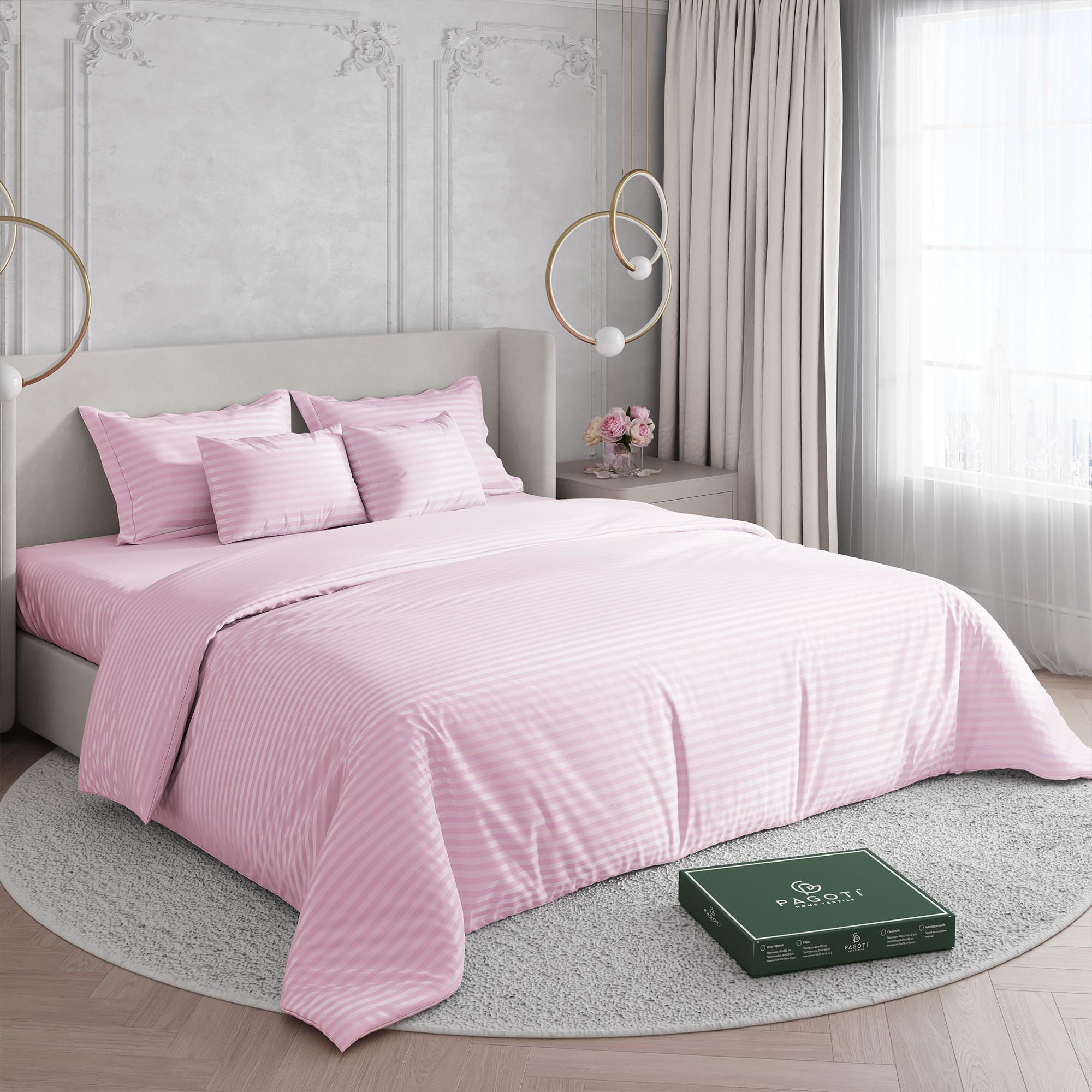 Комплект постільної білизни страйп-сатин PAGOTI Maestro полуторний 4х50х70/4х70х70 см Світло-рожевий