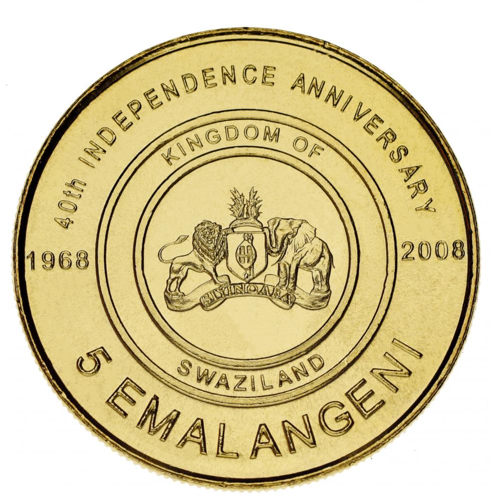 Коллекционная монета Свазиленд 5 эмалангени 2008 UNC Памятная 40 лет Независимости Коллекционная монета Свазиленд 5 эмалангени 2008 UNC Памятная 40 лет Независимости