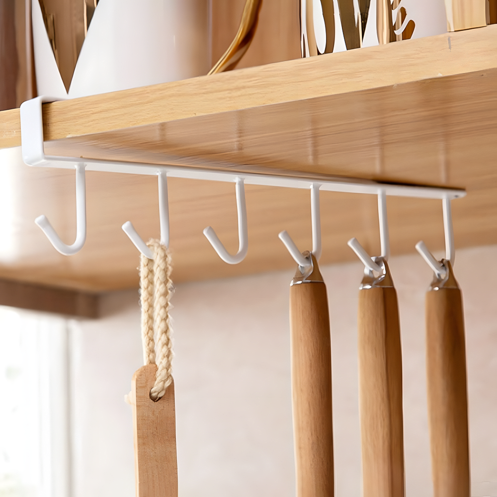 Вешалка с крючками под полку для чашек и столовых приборов 26х6,5 см Белый