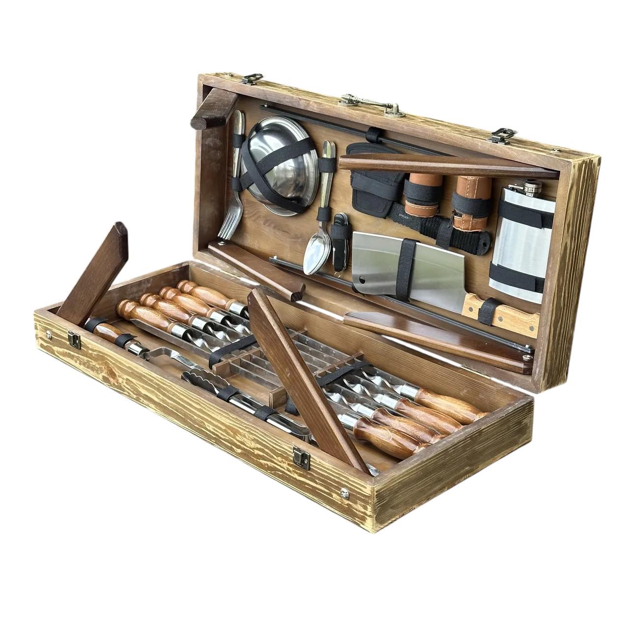 Подарунковий набір шампурів Mzavod Пікнік із нержавіючої сталі в дерев’яному кейсі-стілі 680x300x110 мм (136-17-1191510000853) - фото 3