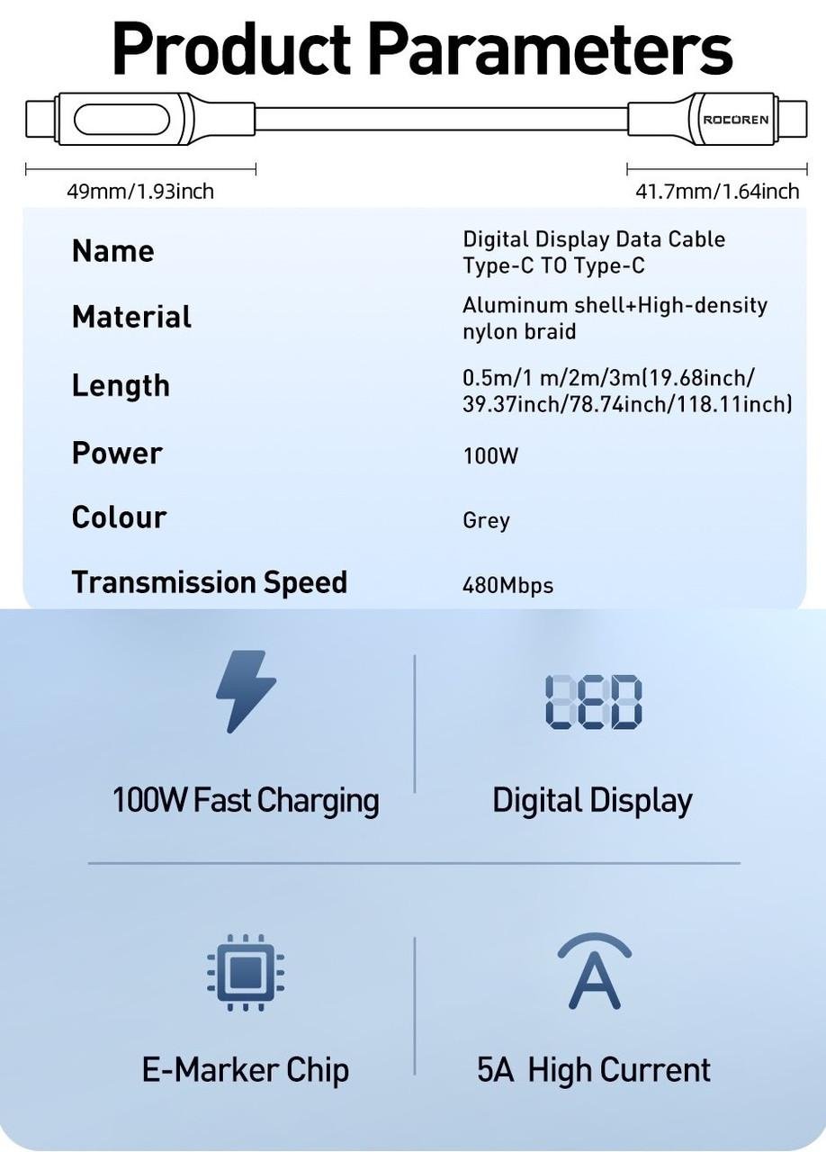 Кабель Rocoren Type-C PD 100W Fast Charge з дисплеєм (25397335) - фото 7
