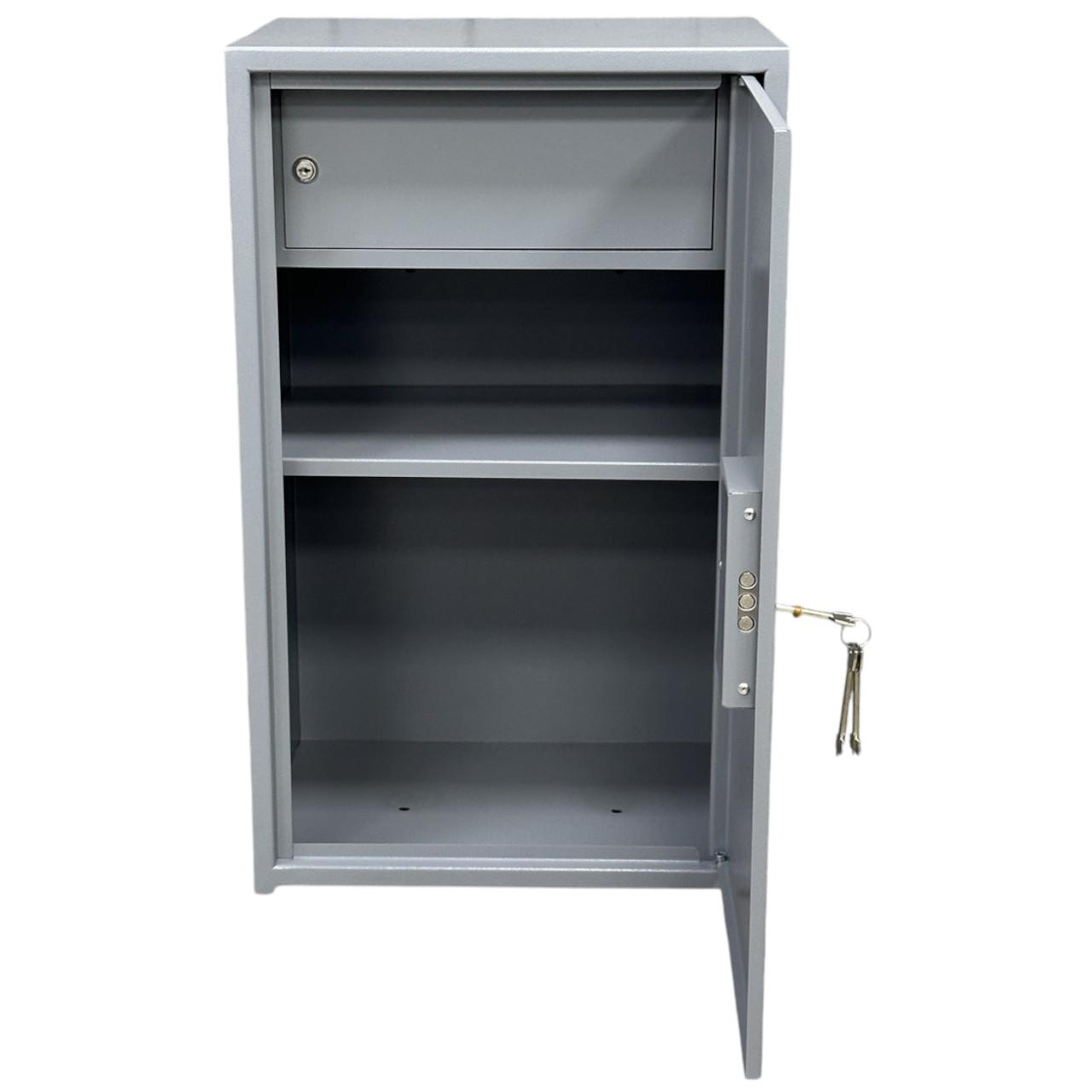 Сейф офисный СБЕ-720 с кассовым отделением и съемной полкой сувальдным замком 72х44х36 см Серый (RAL 7046)