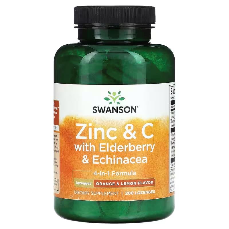 Цинк + Витамин С с бузиной и эхинацеей Swanson Zinc&C With Elderberry&Echinacea 200 Lozenges Orange&Lemon