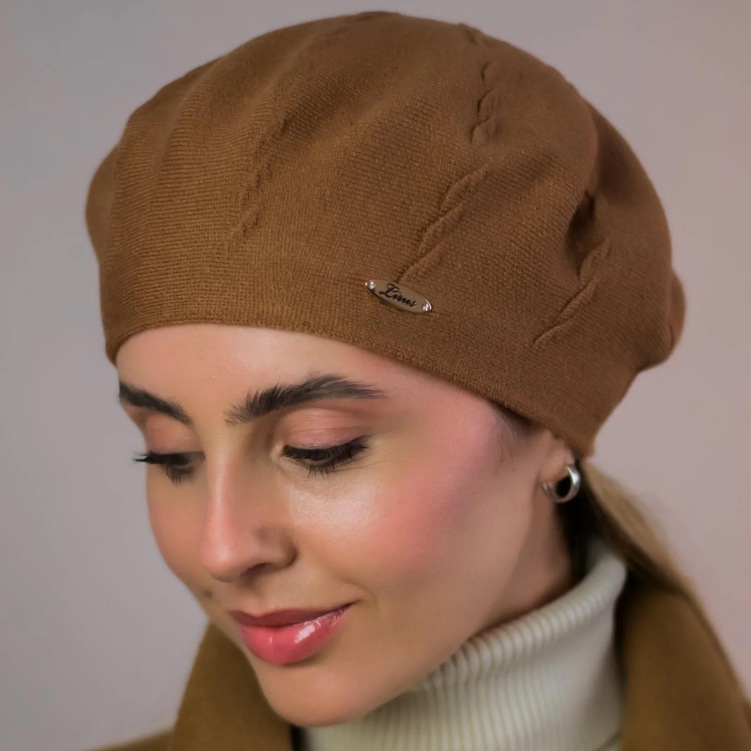 Берет женский Novita ВИКИ двойной с узором one size коричневый (285937) - фото 1