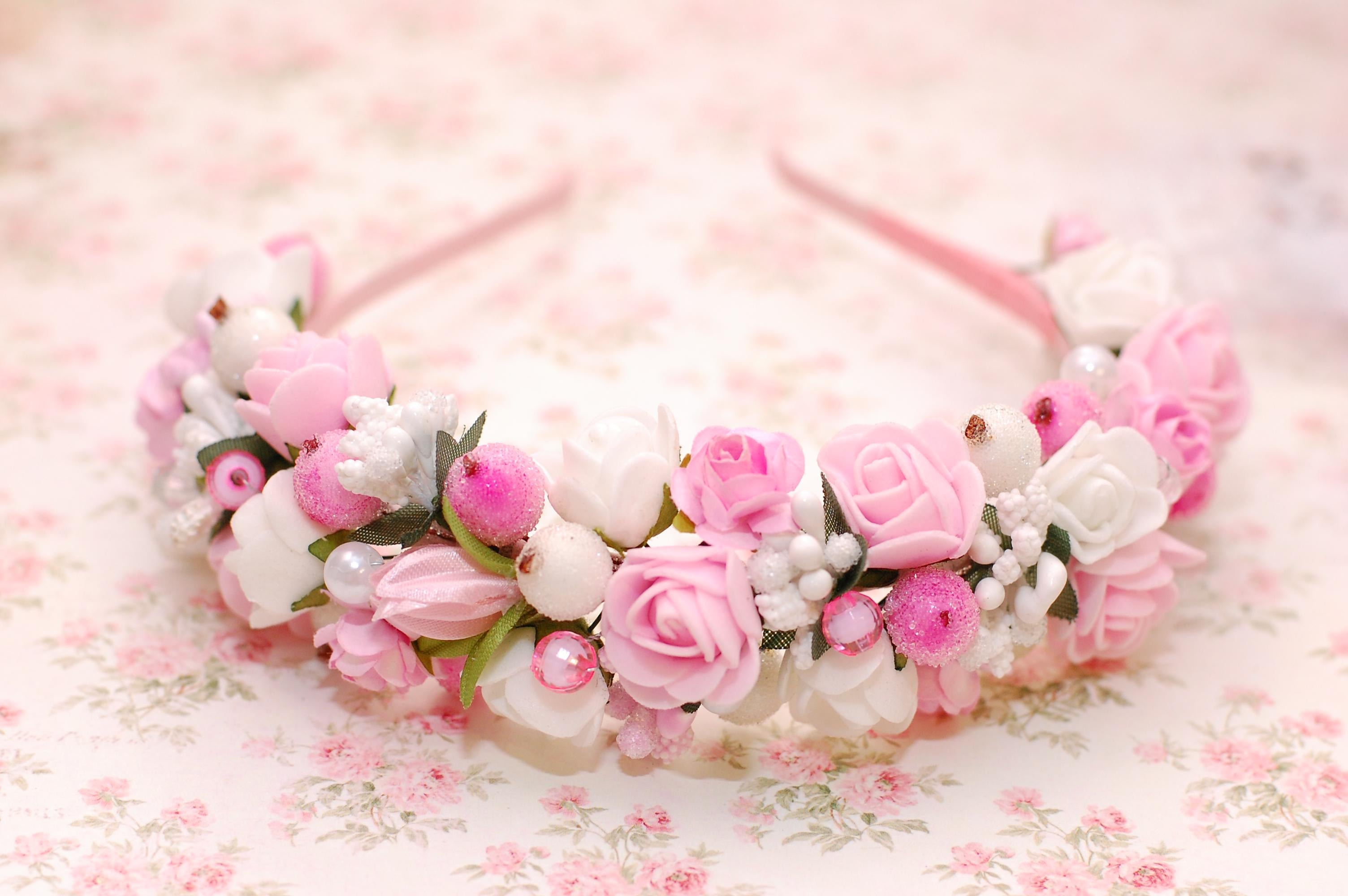 Обруч для волосся з квітами Рожево-білий (46 Об)