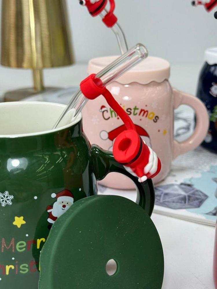 Чашка з кришкою і трубочкою Санта кераміка 460 мл Зелений (21-зел-102-1082) - фото 4
