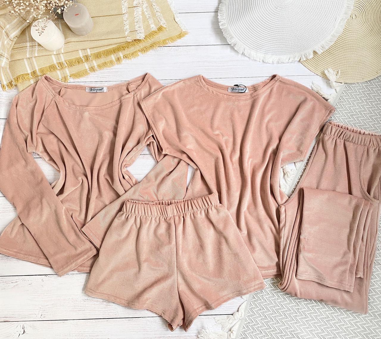 Піжама жіноча четвірка кофта/штани/майка/шорти з велюру S Пудровий (6666 S pink) - фото 8 Піжама жіноча четвірка кофта/штани/майка/шорти з велюру S Пудровий (6666 S pink) - фото 8