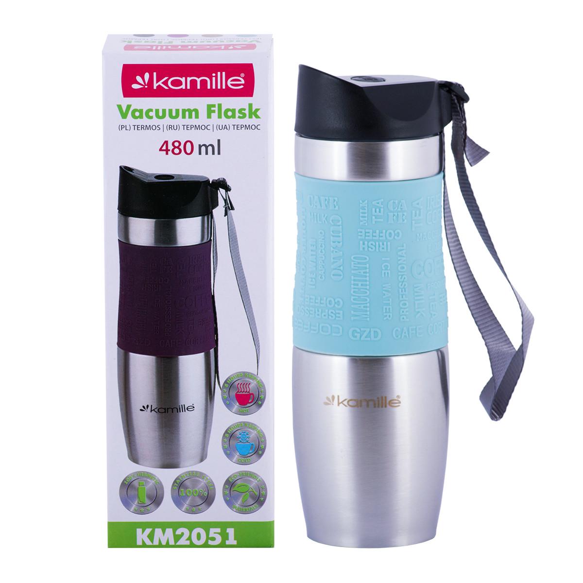 Термокружка Kamille 480 мл из нержавеющей стали со вставкой Голубой (KM-2051)