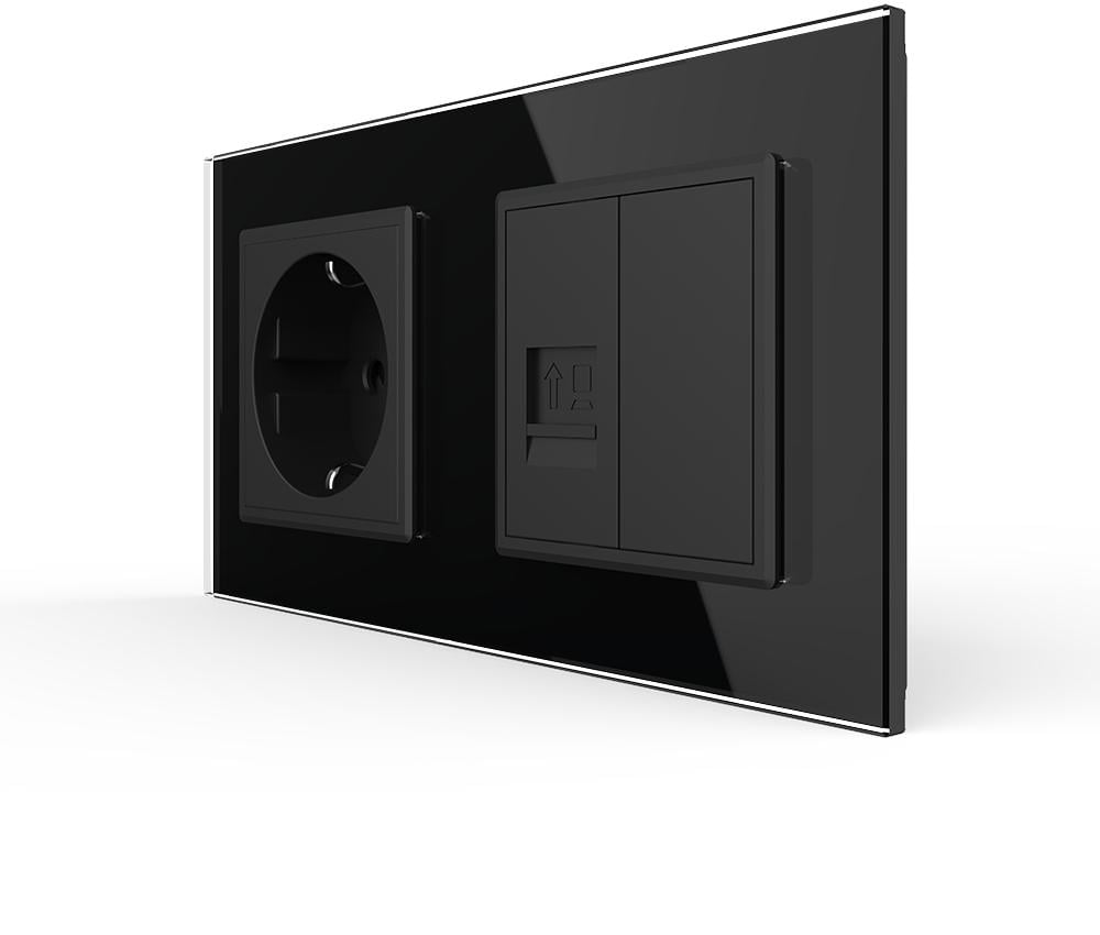 Розетка настінна LIVOLO силова/інтернет RJ-45 дизайнерська скляна рамка Чорний (VL-C7FCTC16A/FCCP/FCMB-4BP)