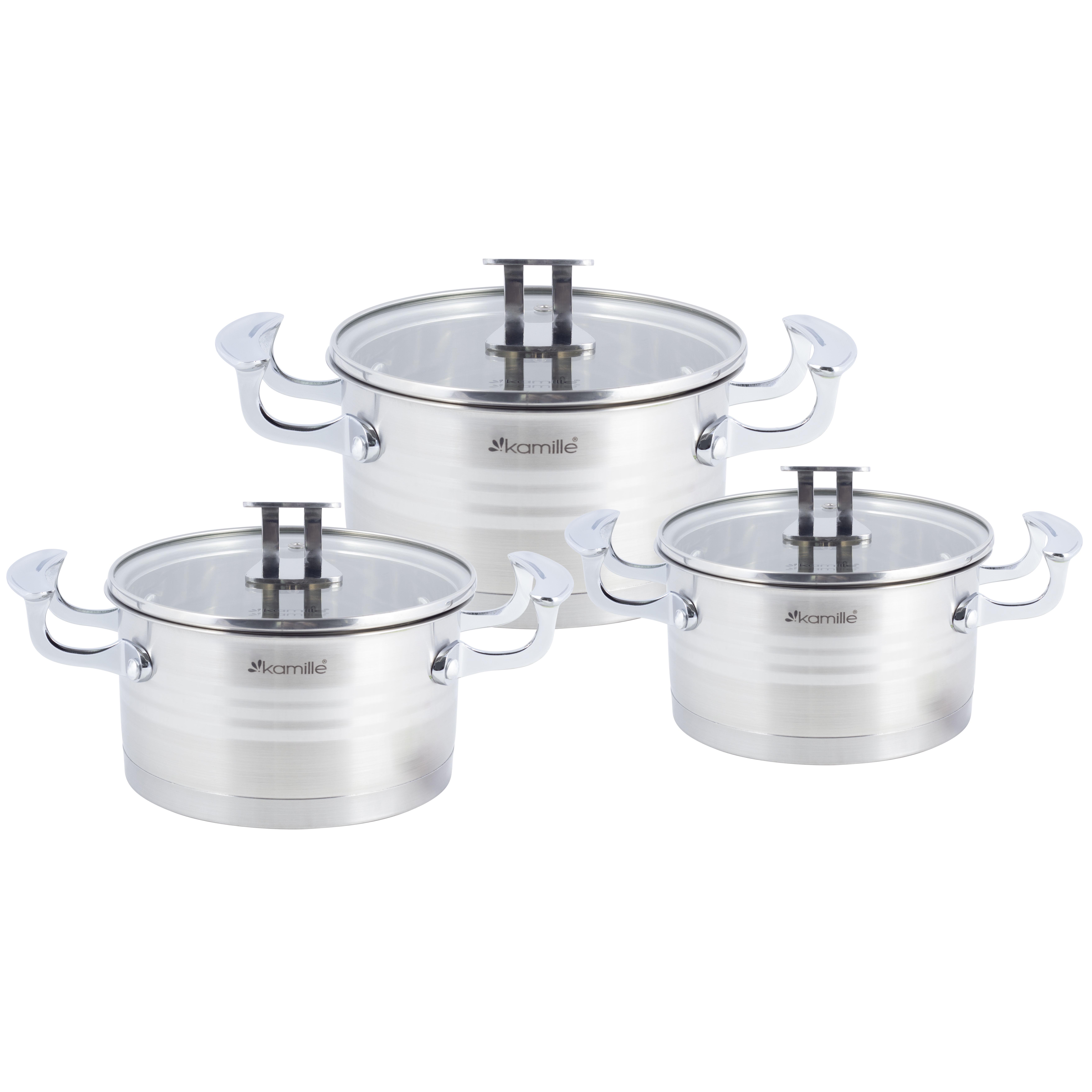 Набір каструль для індукції та газу Kamille КМ-5861 з нержавіючої сталі з 6-ти предметів Сталевий (150-84-5861)