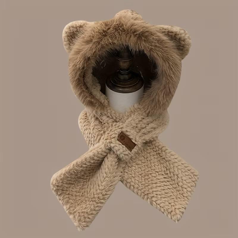 Шапка-капюшон зимняя женская Мишка с ушками и шарфом one size Темно-бежевый