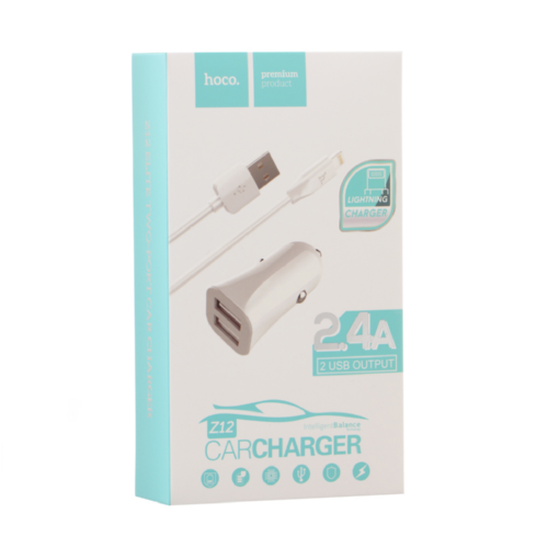 Адаптер автомобильный Hoco Lightning cable Z12 2USB 2,4 A White (544558) - фото 2 Адаптер автомобильный Hoco Lightning cable Z12 2USB 2,4 A White (544558) - фото 2