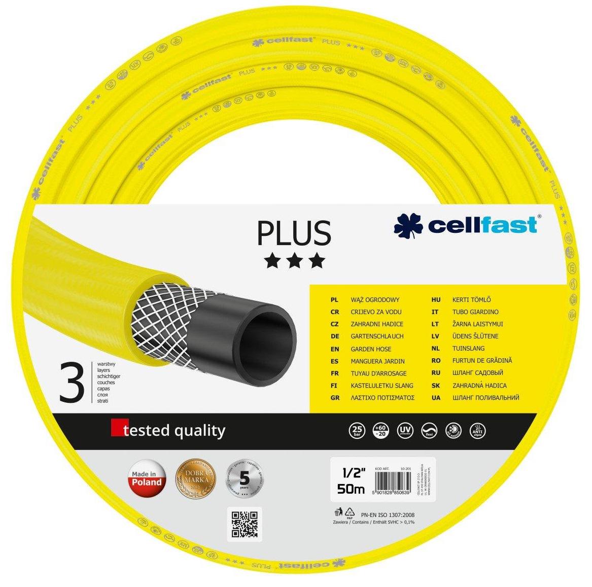 Шланг садовый Cellfast PLUS 1/2" 50 м 3 слоя до 25 бар -20-+60 °C (10-201) - фото 1 Шланг садовый Cellfast PLUS 1/2" 50 м 3 слоя до 25 бар -20-+60 °C (10-201) - фото 1
