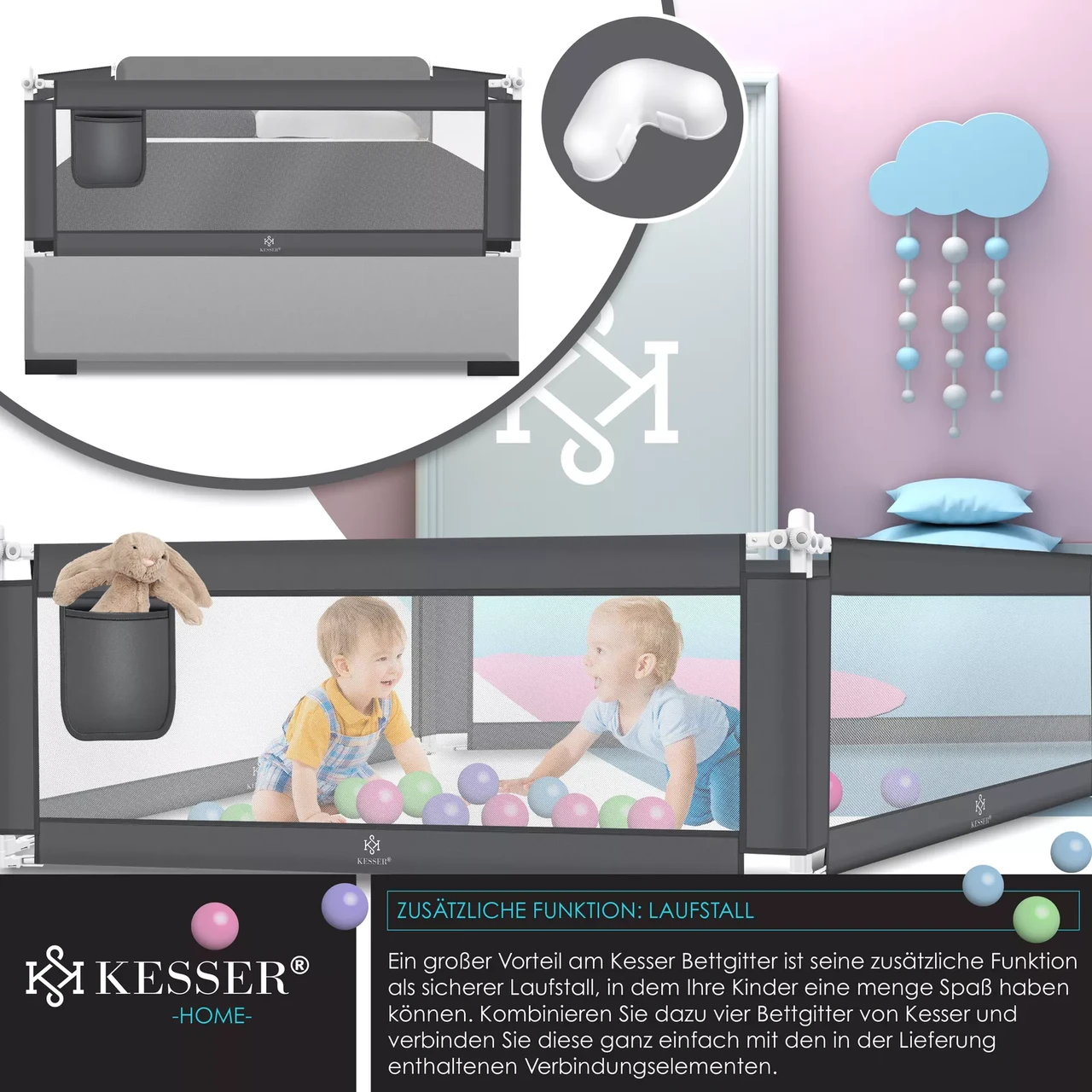 Огородження для дитячого ліжка KESSER 150 см Темно-сірий - фото 3