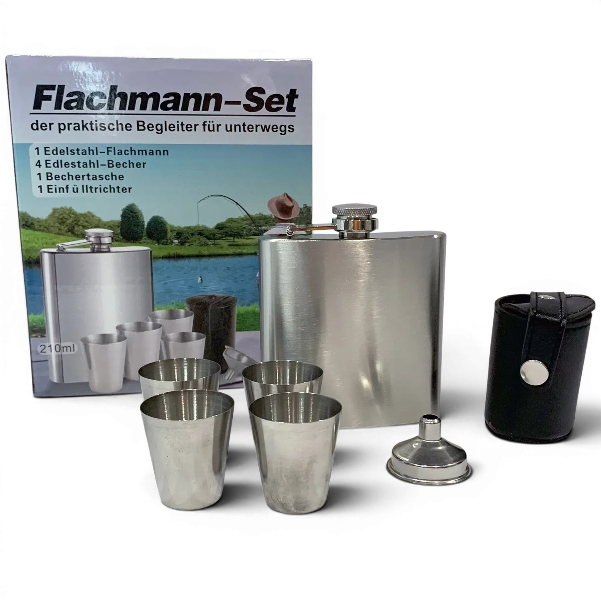 Набор подарочный с флягой Flachmann QK-4 7oz 210мл и рюмками 30 мл Silver (11846)