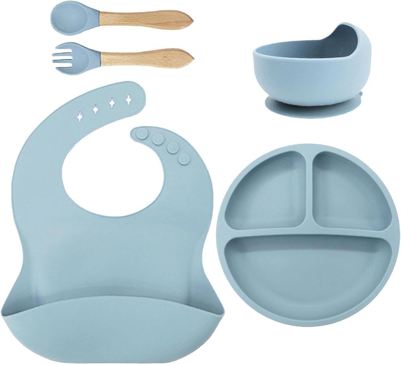 Дитячий набір посуду для годування 5в1 силіконовий Блакитний (Е051501)