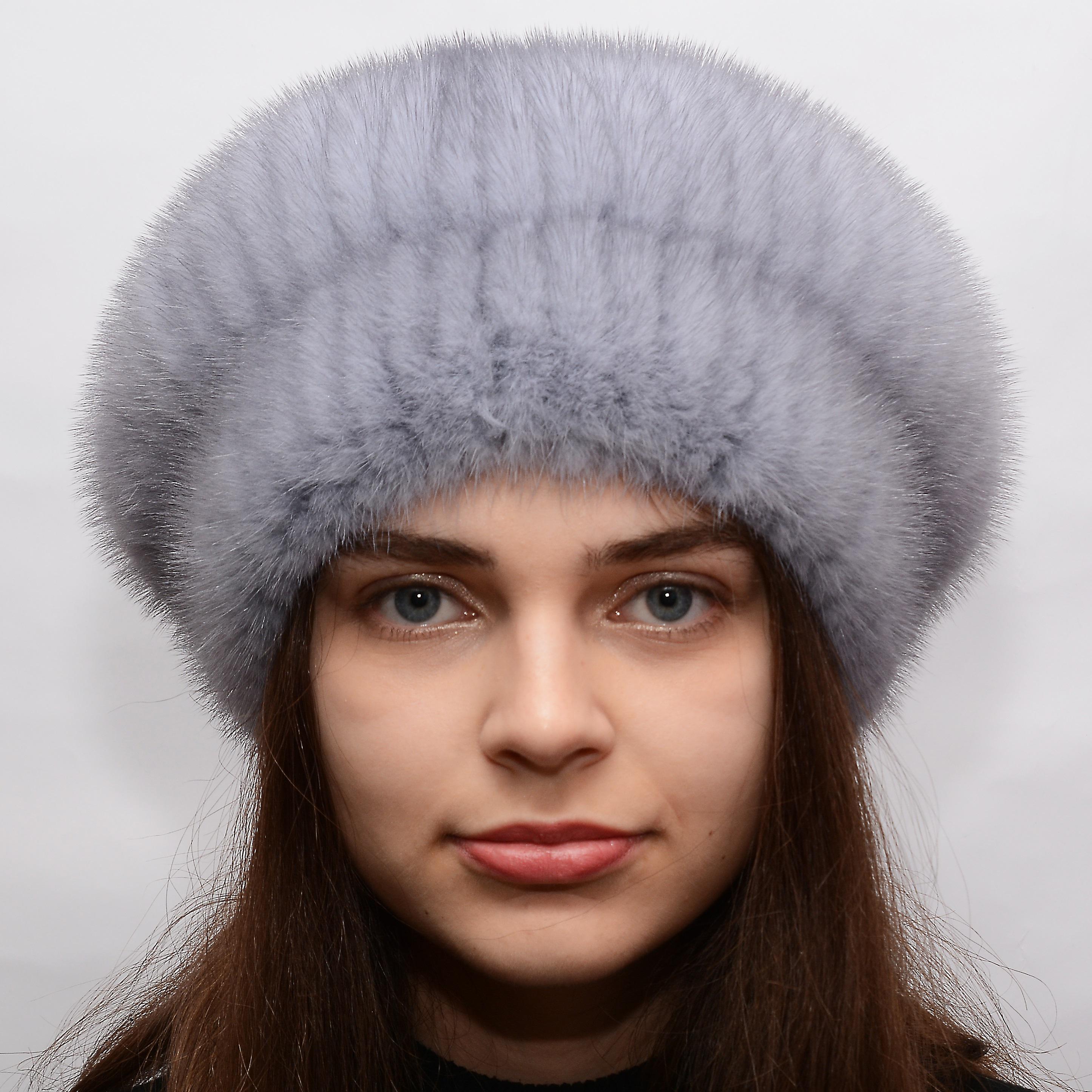 Зимний берет из меха норки Меховой стиль Шарик M-L Сапфир (110/P)