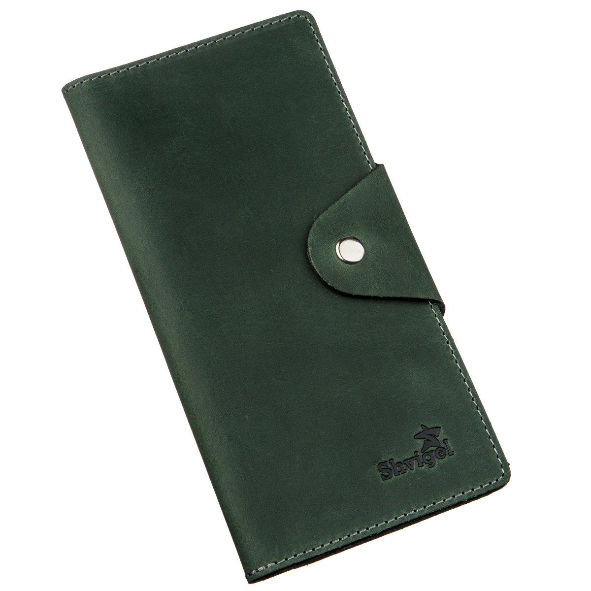Бумажник SHVIGEL 16179 вертикальный из винтажной кожи на кнопках Зеленый