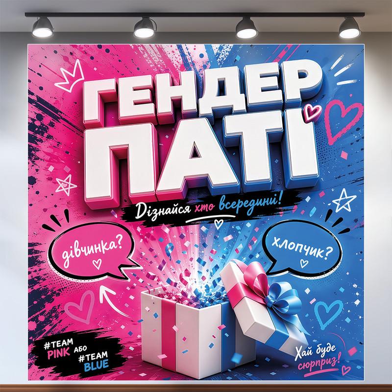 Фотозона Гендер пати Узнай кто внутри с коробкой сюрпризом и сердцами 120x120см, №48536