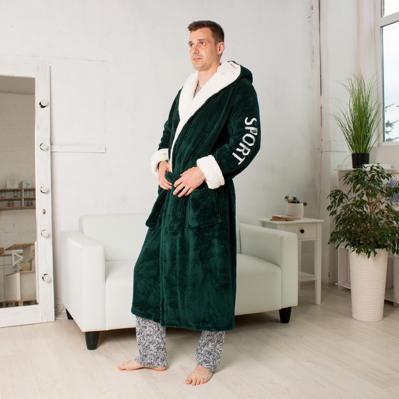 Халат мужской махровый с белым воротником с капюшоном М Зеленый (48) - фото 2 Халат мужской махровый с белым воротником с капюшоном М Зеленый (48) - фото 2