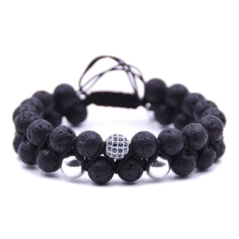 Браслет двойной плетеный из лавового камня с шаром и гематитом р. 14 Серебряный/Черный (80147)
