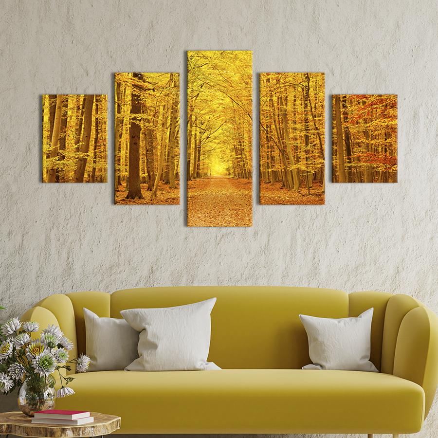 Модульная картина из 5 частей на холсте интерьерная картина Дорога в осеннем лесу 187x94 см (562-52)