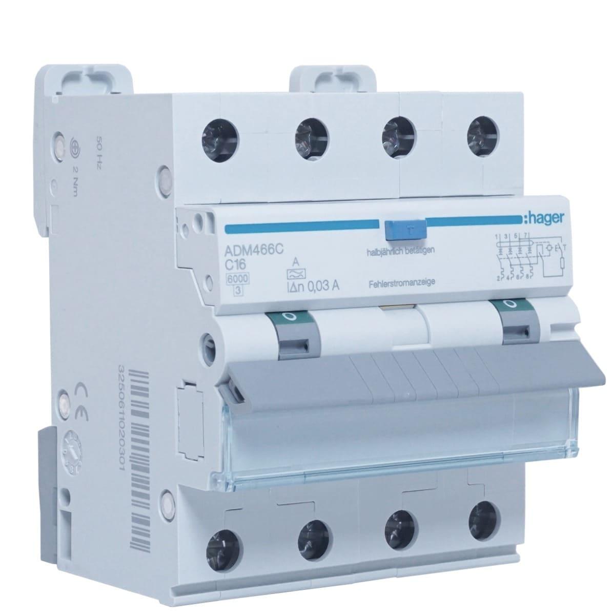 Дифавтомат Hager 16A 30mA 6kA 4 полюса тип C тип A ADM466C (11261)