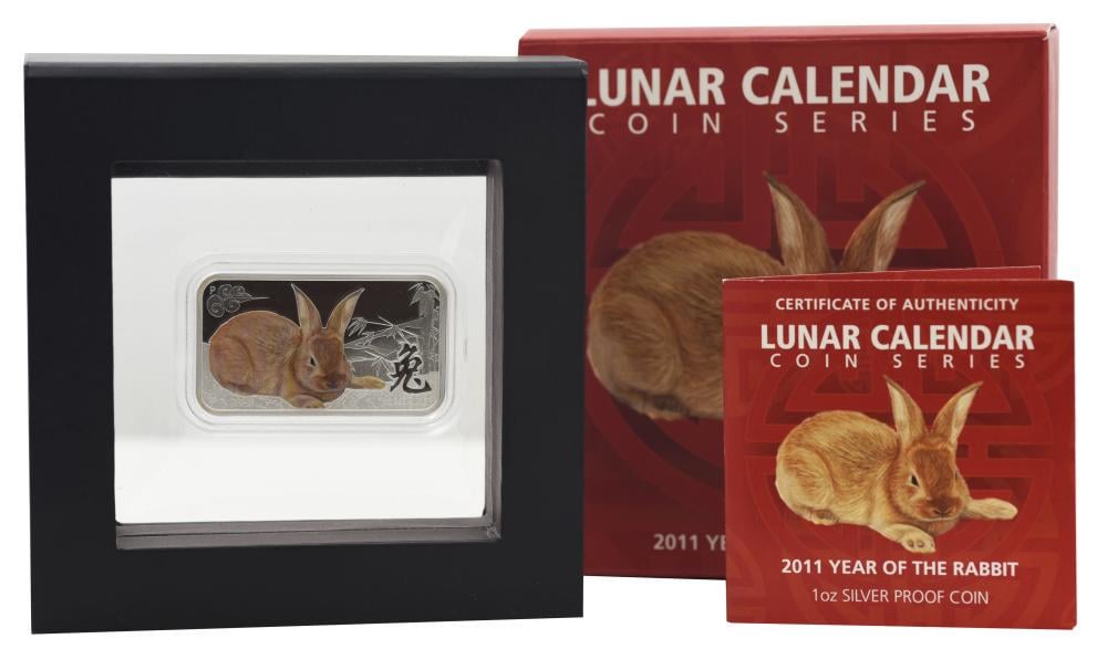 Коллекционная монета Острова Кука 1 доллар 2011 серебро UNC Восточный календарь Год кролика рыжий кролик в упаковке (М20885)
