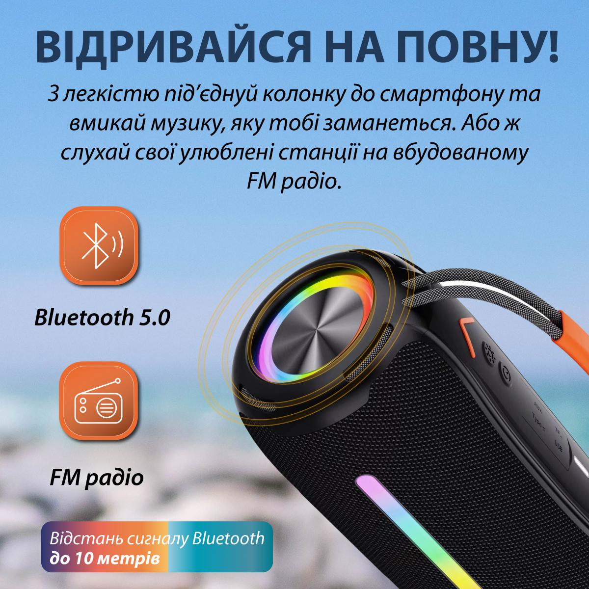 Портативна колонка BOOMSBOX 360 BT/TF/USB/AUX з підсвічуванням 20 Вт Чорний (20986978) - фото 3