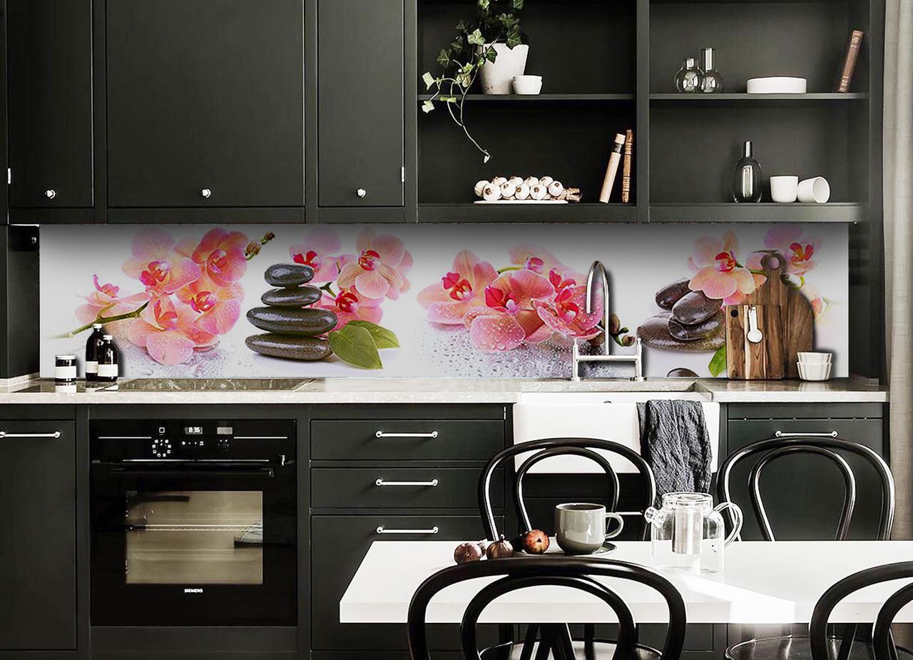 Кухонный фартук Мокрые орхидеи из самоклеющейся виниловой пленки 60х250 см Белый