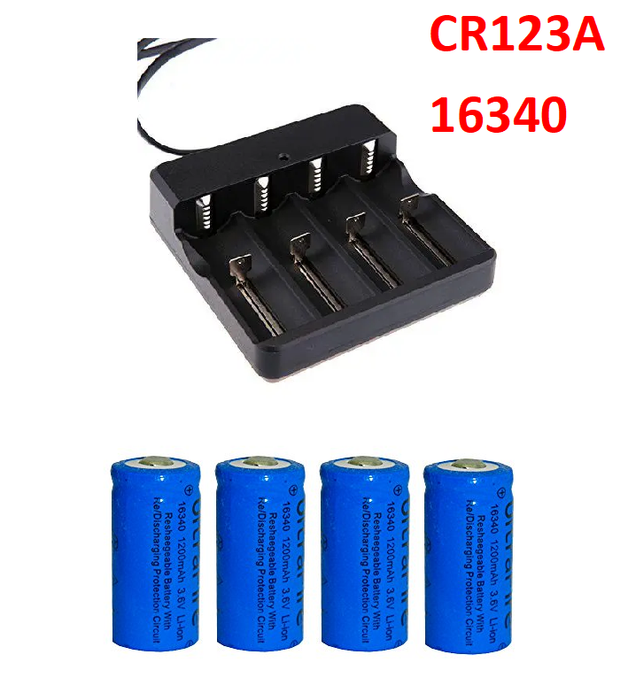 Комплект аккумуляторов CR123A CR123 LR123A 16340 Ultrafire 1200 mAh и зарядное устройство 4 шт. - фото 3