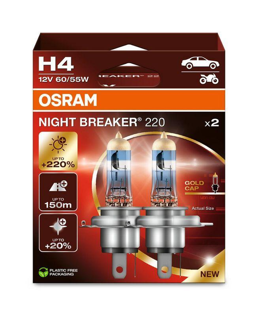 Лампа 12V H4 55W +220% Osram Night Breaker P43T (64193NB220-2HB)
