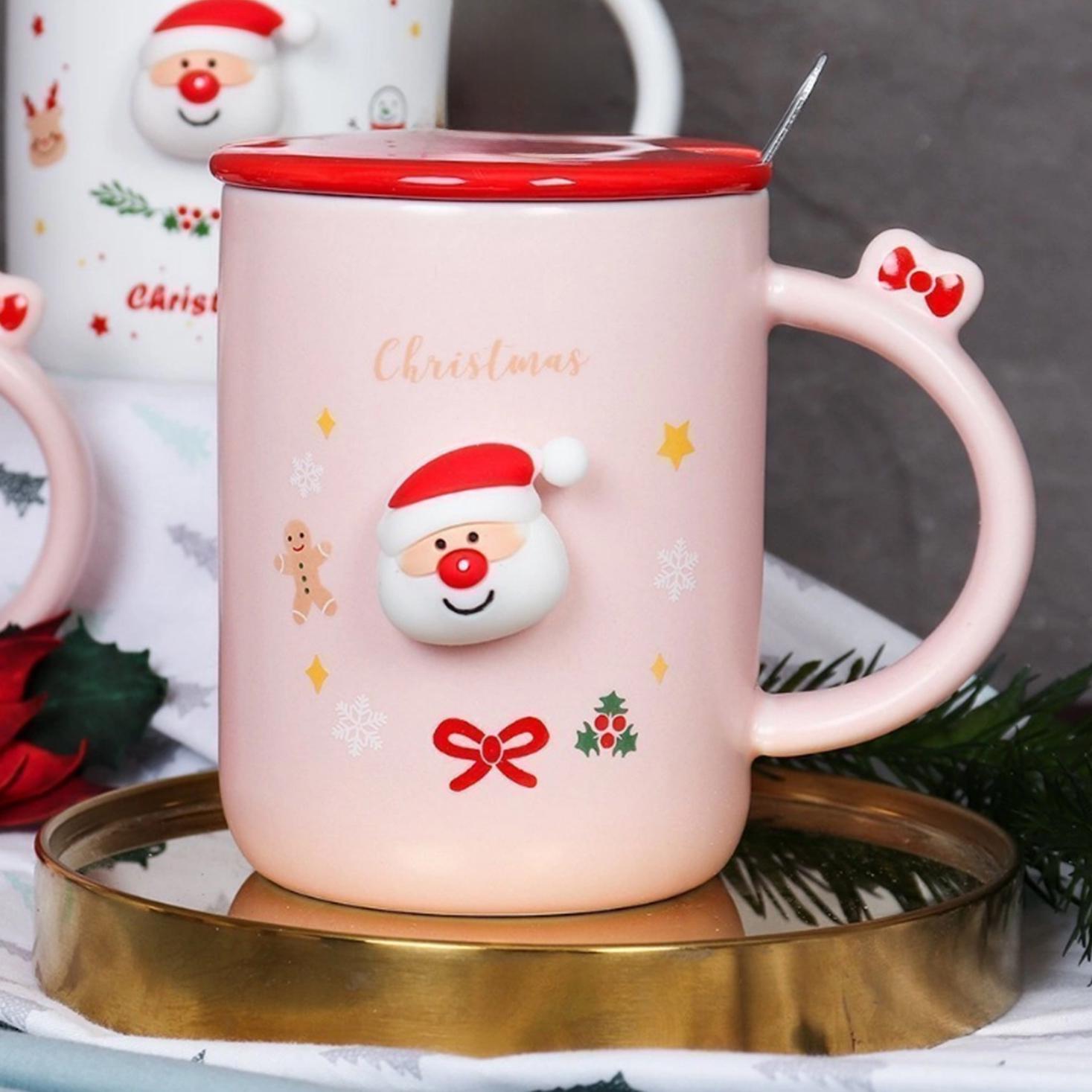 Чашка новогодняя с крышкой и ложкой Санта керамика 360 мл Розовый - фото 3