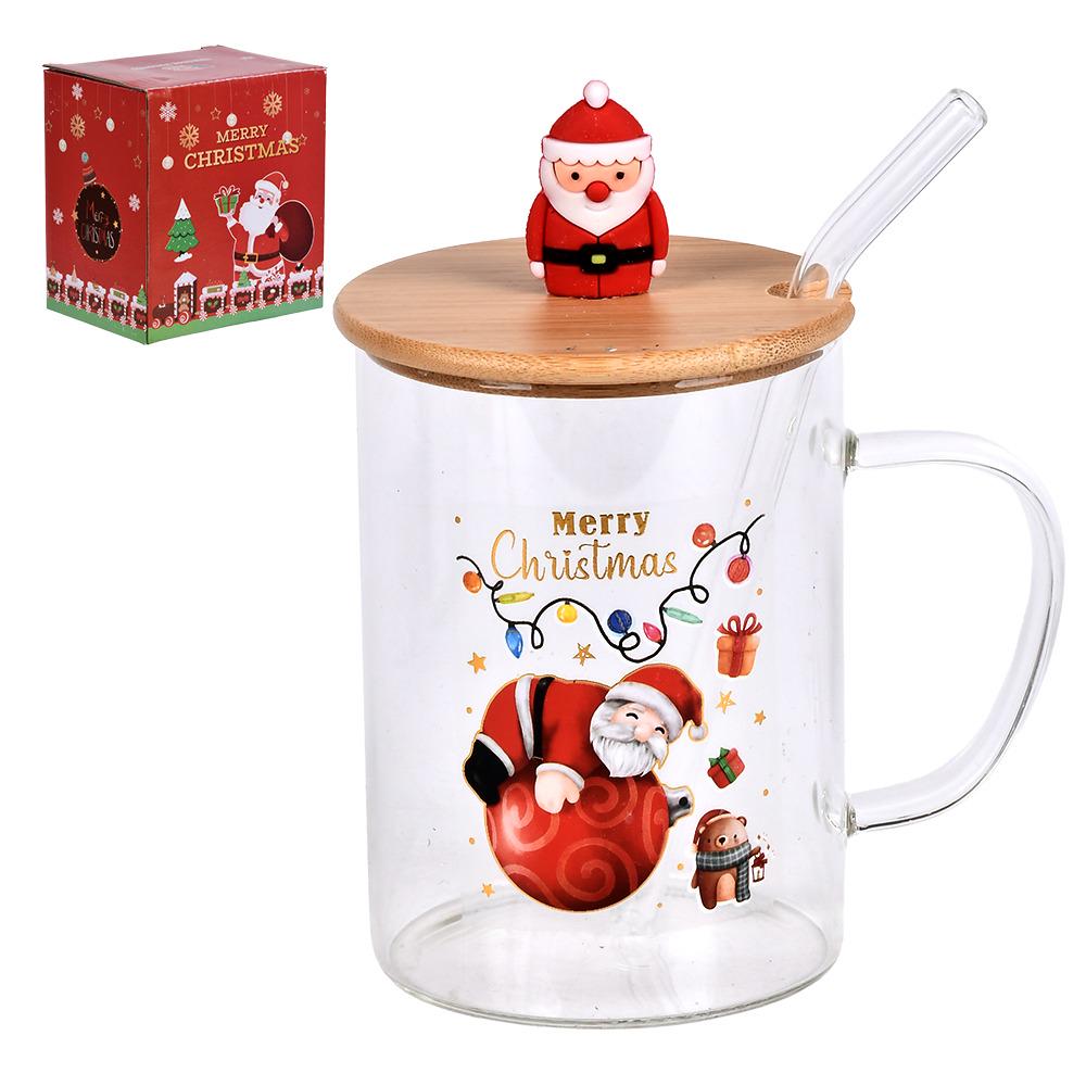 Чашка новогодняя с бамбуковой крышкой и трубочкой R100355 Santa 450 мл