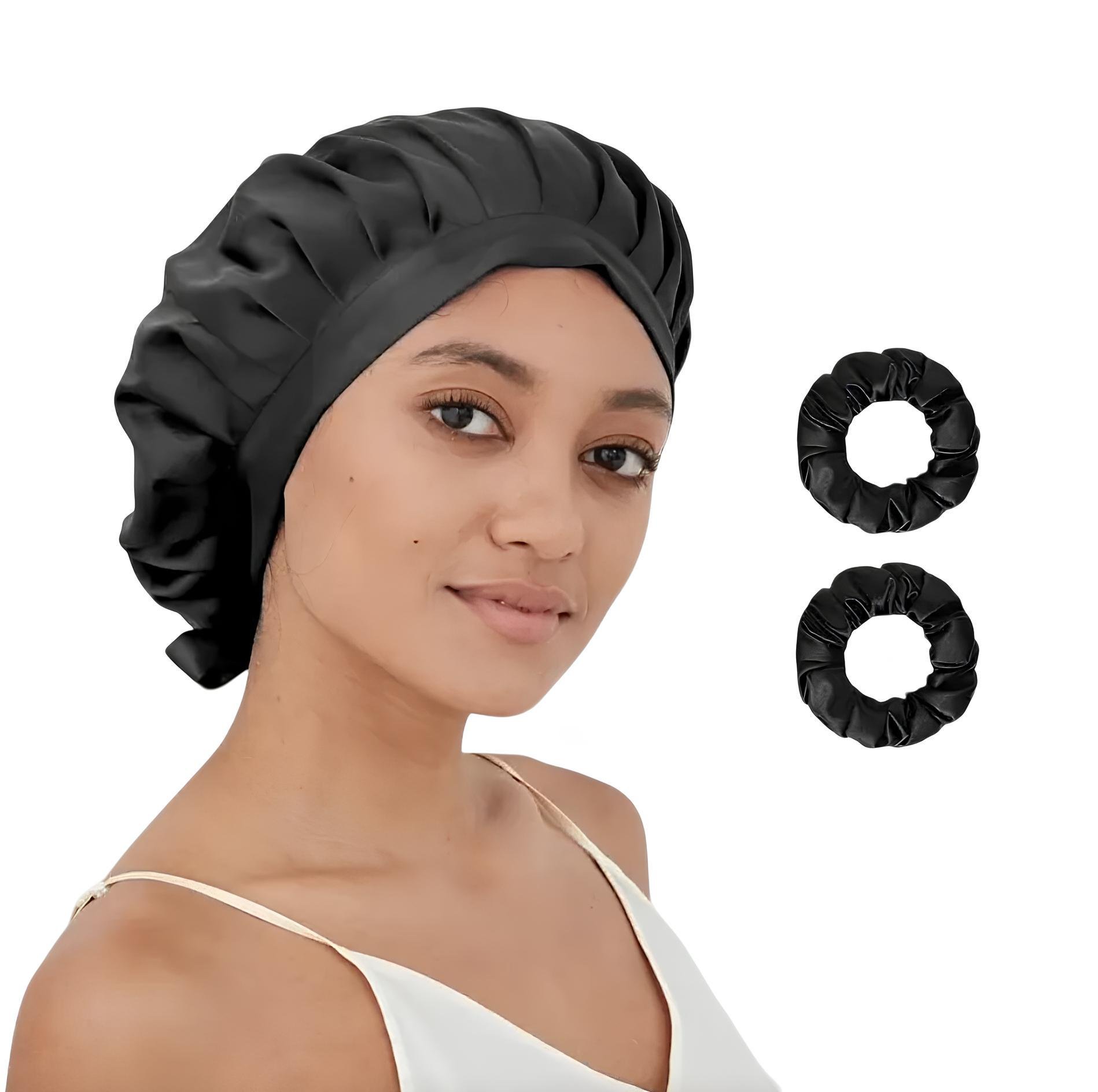 Шапочка для сна шелковая с мулберри и 2 большие шелковые резинки для волос Черный