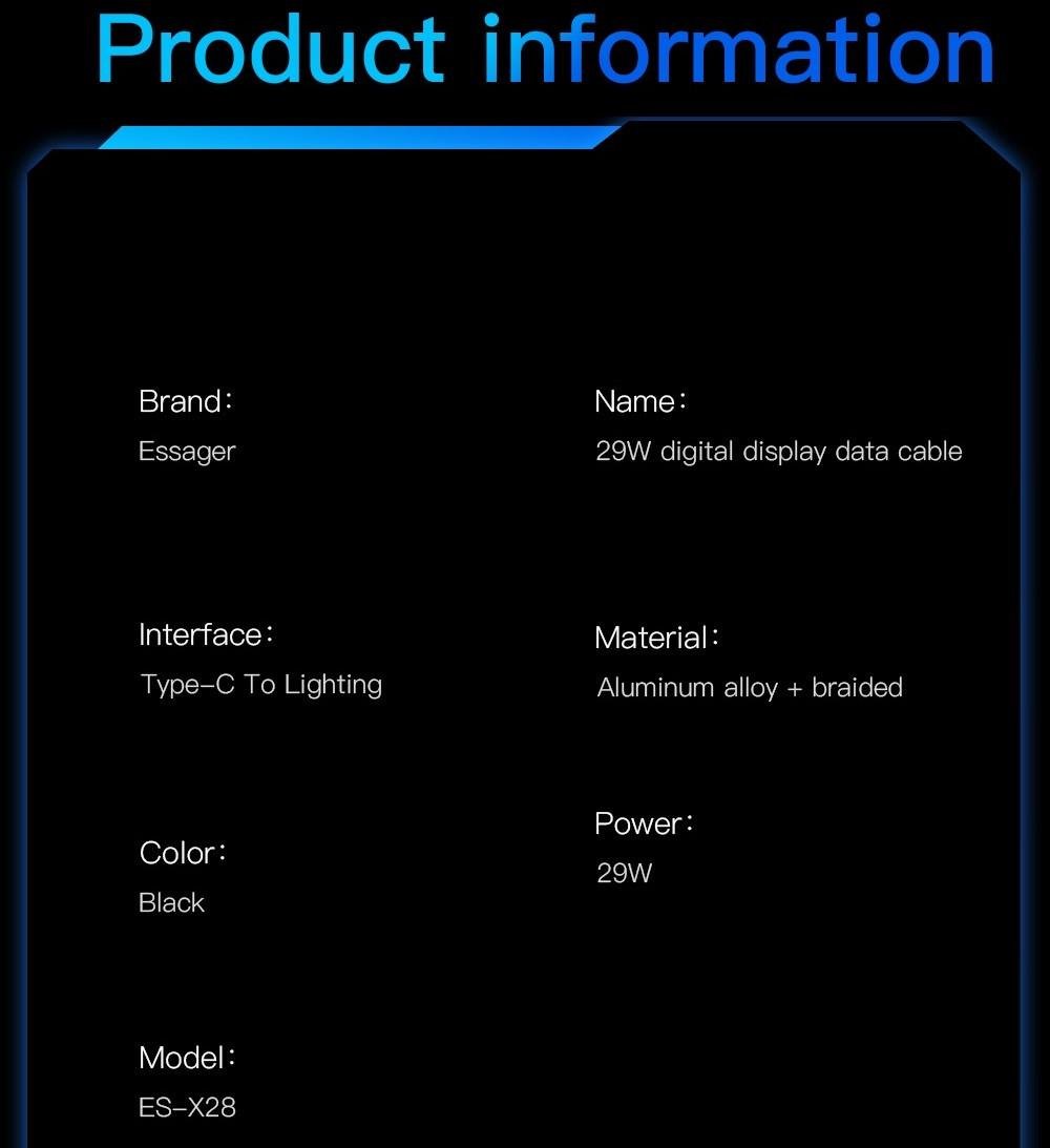 Кабель Essager Type-C Lightning PD 29W з дисплеєм 1 м Black (25397347) - фото 9 Кабель Essager Type-C Lightning PD 29W з дисплеєм 1 м Black (25397347) - фото 9